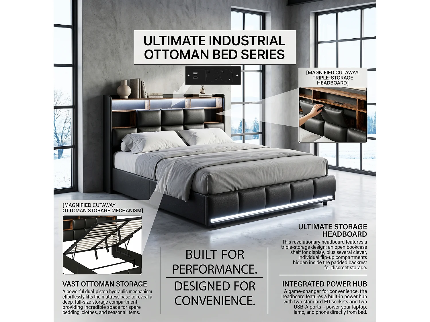 DreamMespace Lit Coffre 140x200 cm - Lit Double avec Rangements Tête de Lit, Prises USB & LED Télécommande, PU Noir