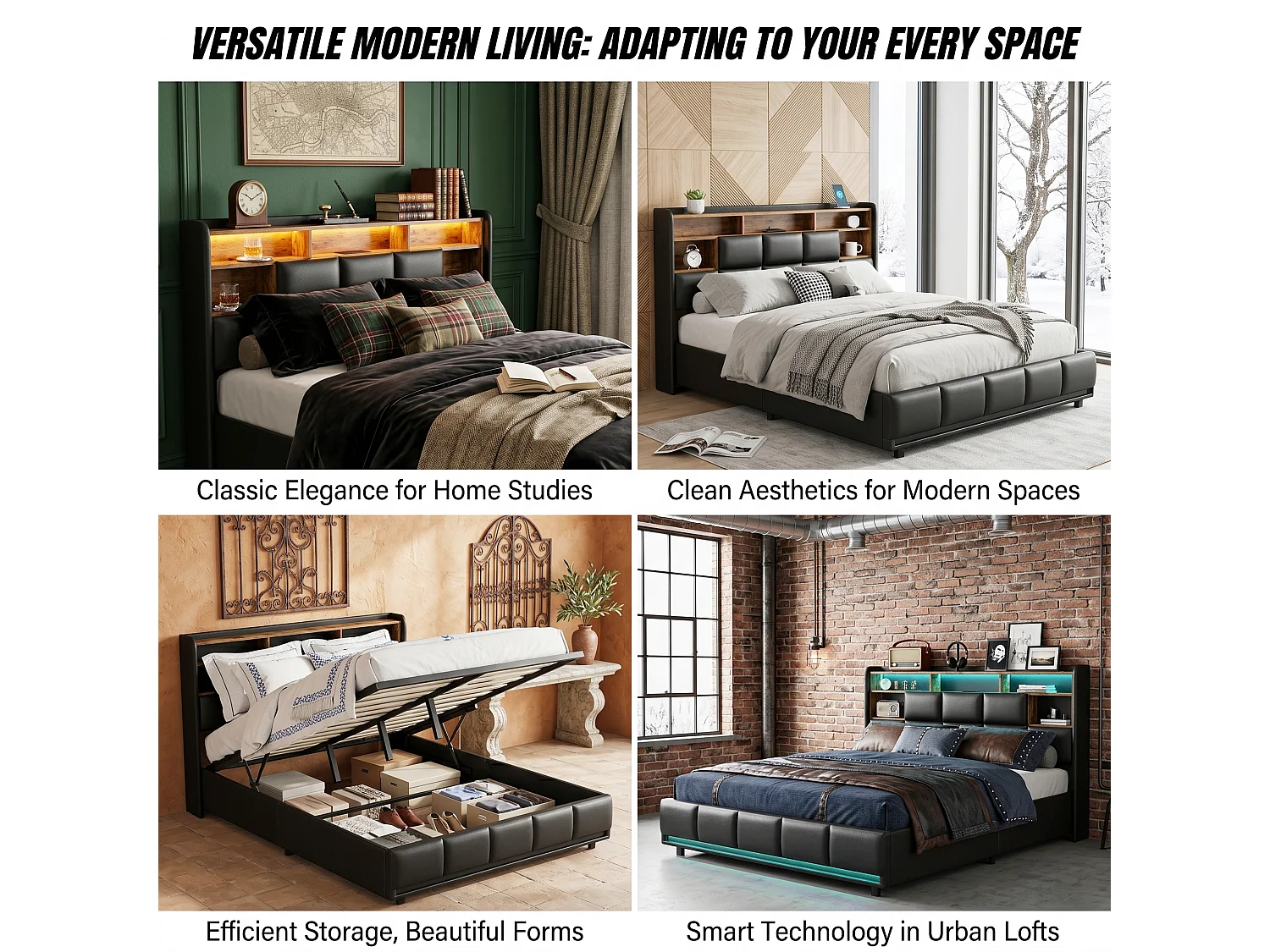 DreamMespace Lit Coffre 140x200 cm - Lit Double avec Rangements Tête de Lit, Prises USB & LED Télécommande, PU Noir