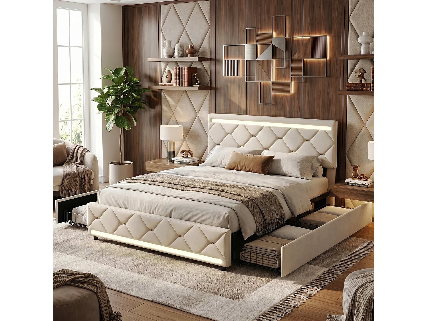 DreamMespace Lit Coffre 160x200 cm Queen Size - Lit Double avec 4 Tiroirs Sommier LED USB, Velours Beige