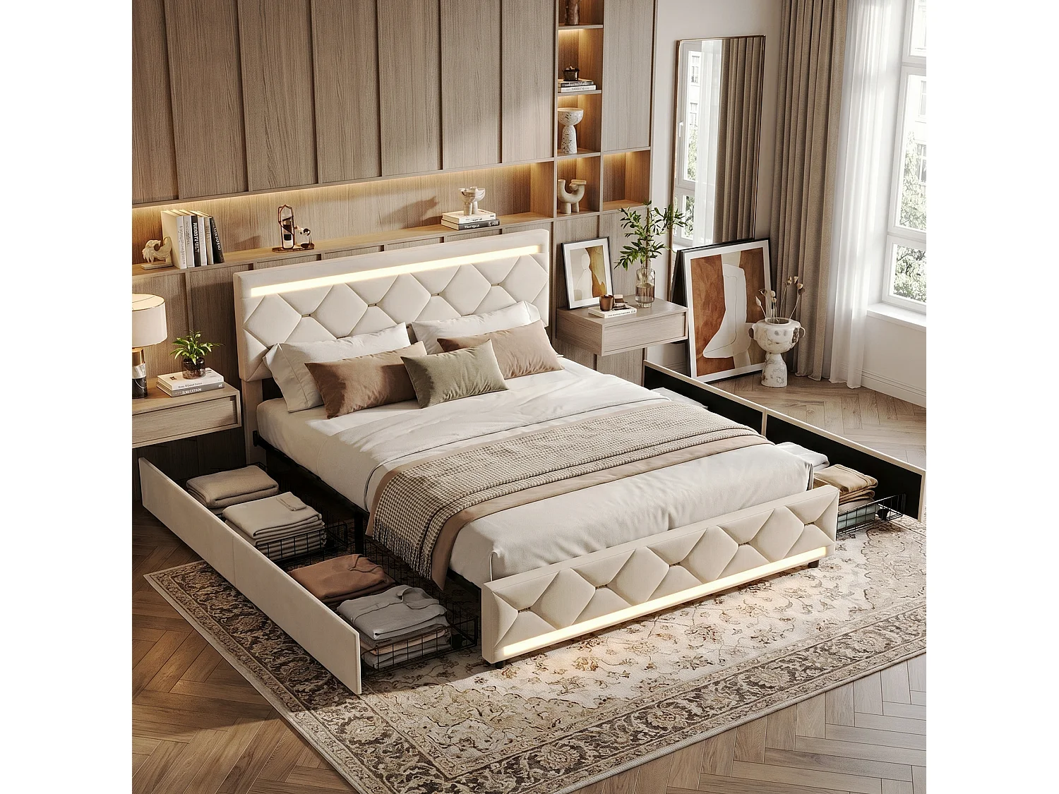 DreamMespace Lit Coffre 160x200 cm Queen Size - Lit Double avec 4 Tiroirs Sommier LED USB, Velours Beige