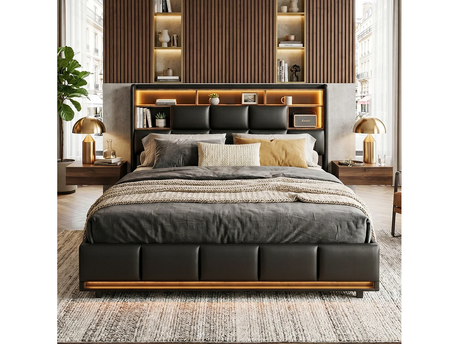 DreamMespace Lit Coffre 140x190 cm - Lit Double avec Rangements Tête de Lit, Prises USB & LED Télécommande, PU Noir
