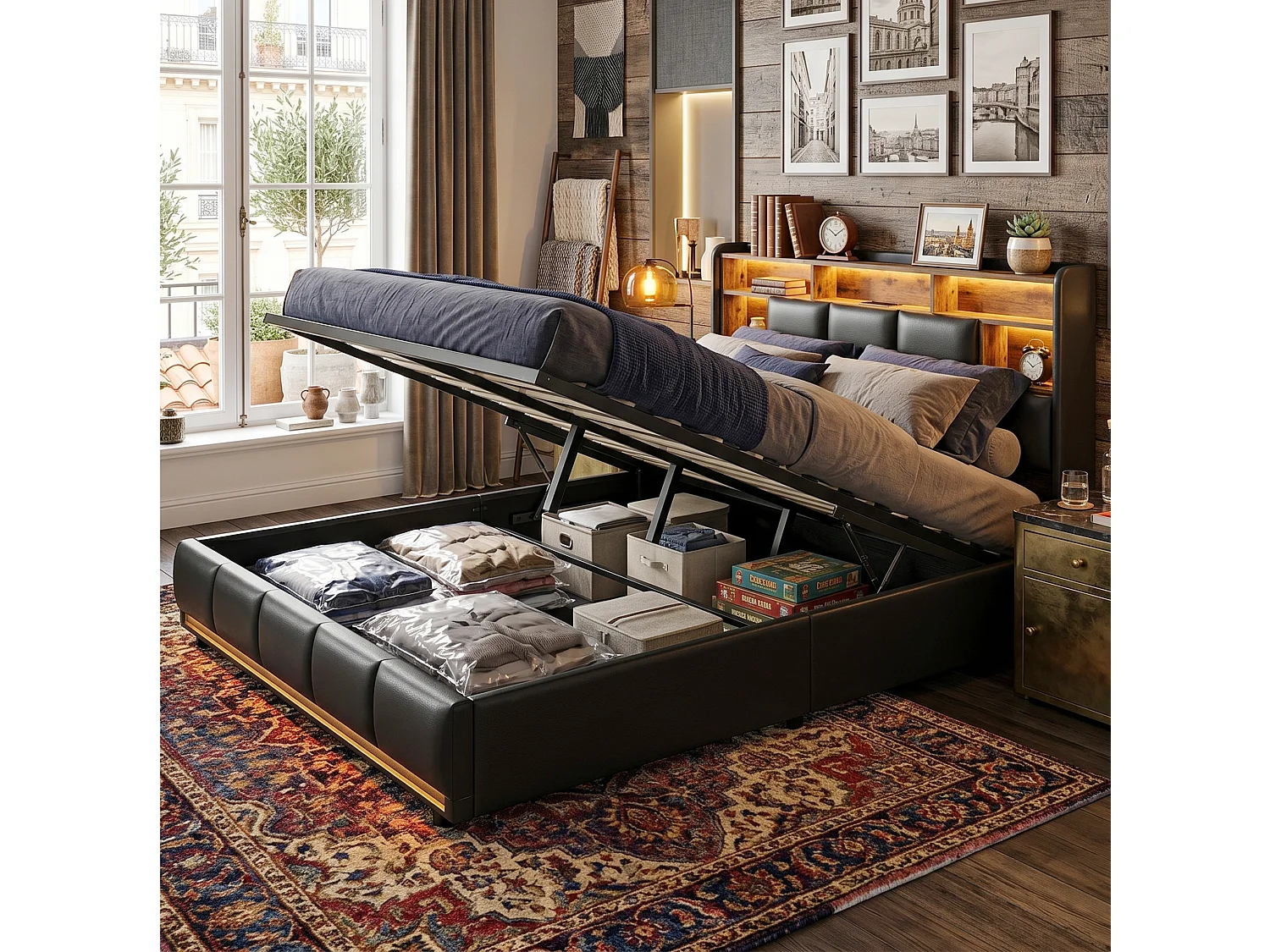 DreamMespace Lit Coffre 140x190 cm - Lit Double avec Rangements Tête de Lit, Prises USB & LED Télécommande, PU Noir