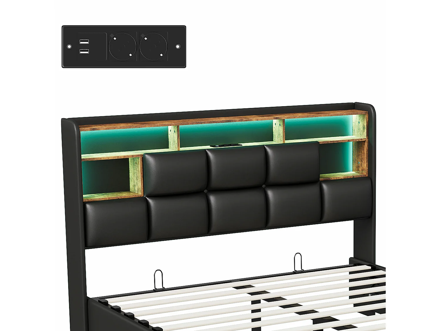 DreamMespace Lit Coffre 140x190 cm - Lit Double avec Rangements Tête de Lit, Prises USB & LED Télécommande, PU Noir