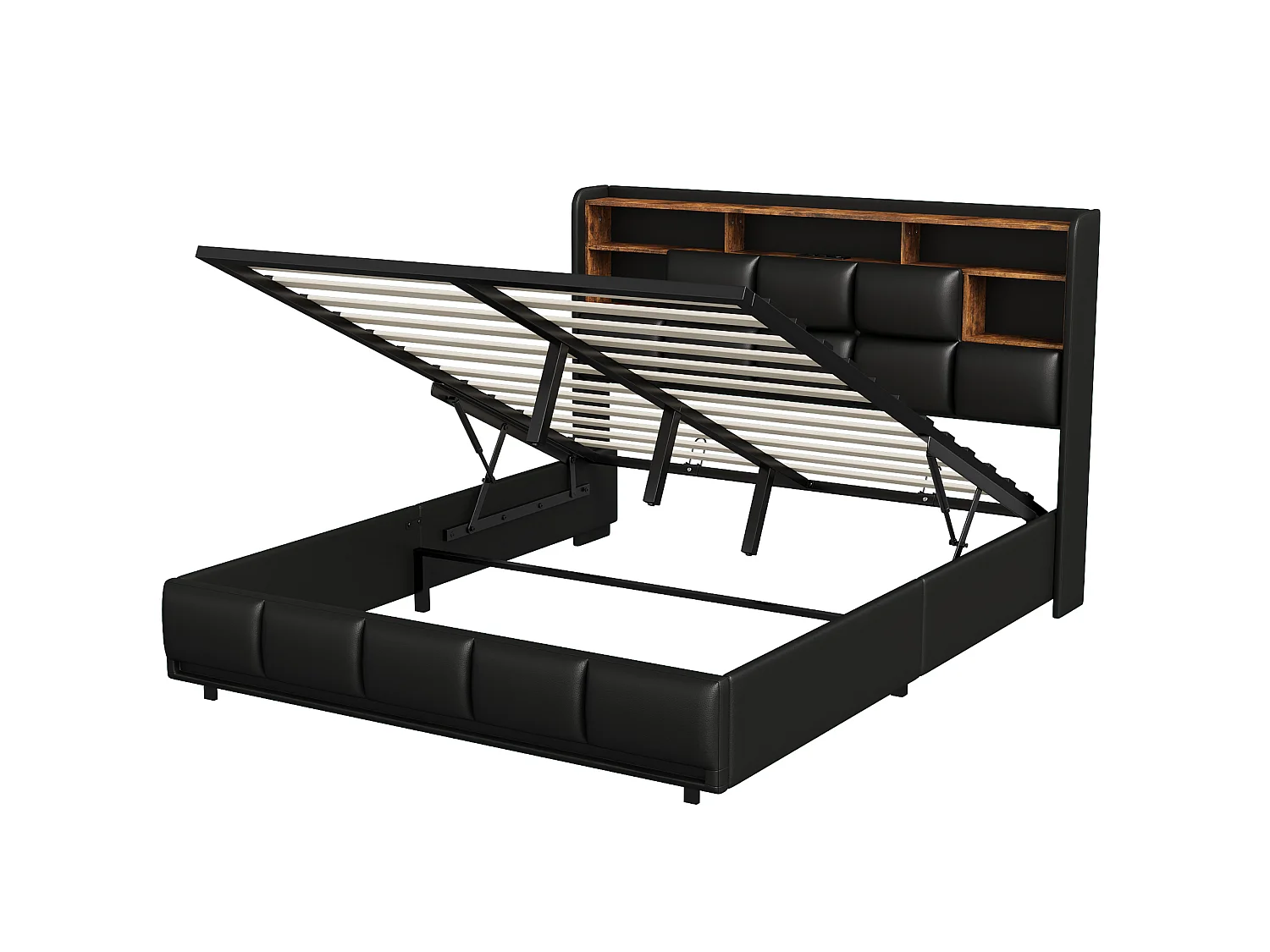 DreamMespace Lit Coffre 140x190 cm - Lit Double avec Rangements Tête de Lit, Prises USB & LED Télécommande, PU Noir