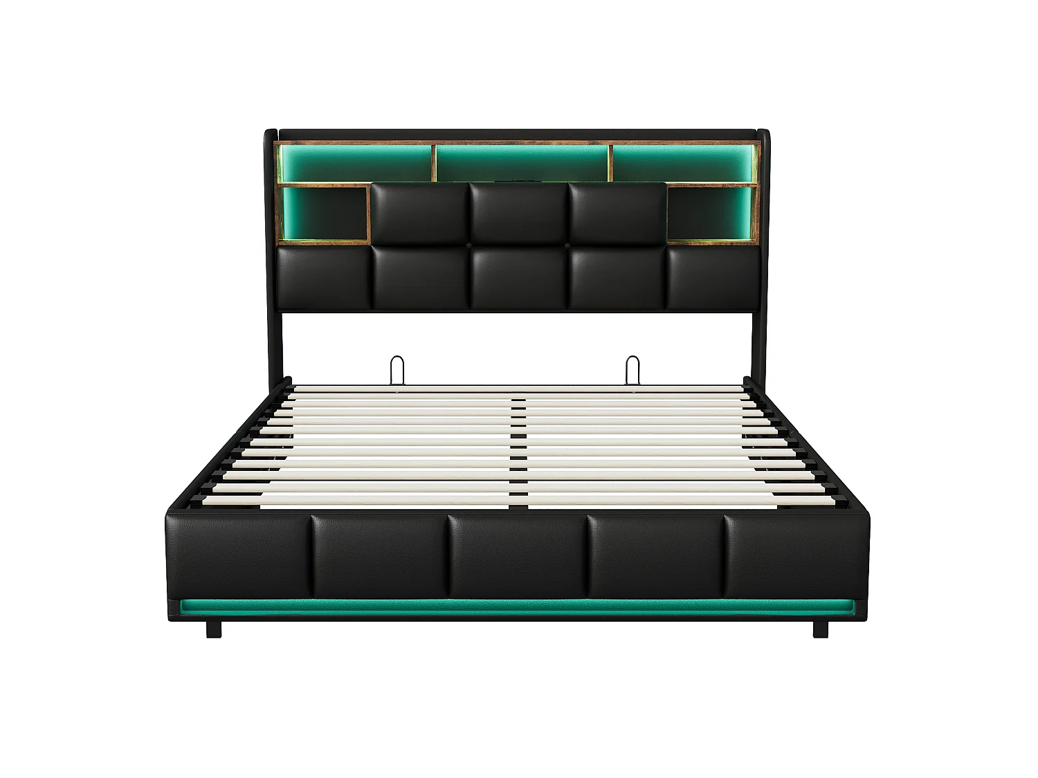 DreamMespace Lit Coffre 140x190 cm - Lit Double avec Rangements Tête de Lit, Prises USB & LED Télécommande, PU Noir