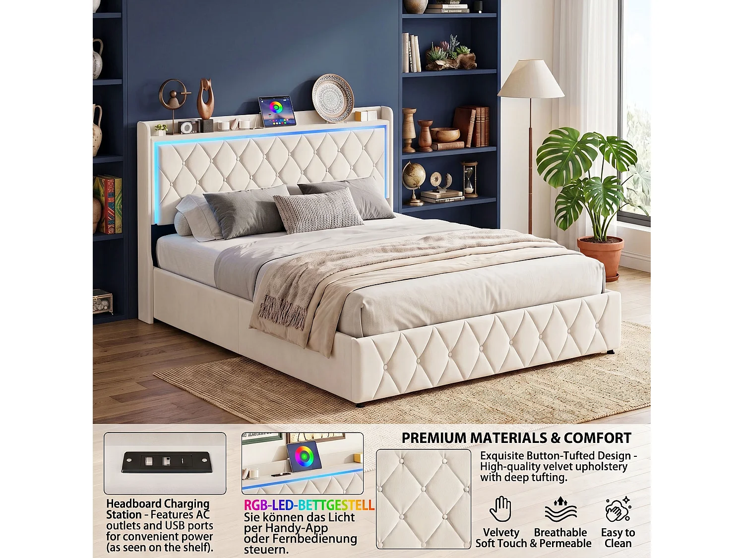 DreamMespace Lit Coffre 140x190 cm - Lit Double avec Rangement Hydraulique, LED RGB & Prises USB Type-C, Tissu Velours Beige