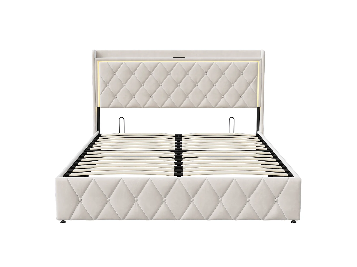 DreamMespace Lit Coffre 140x190 cm - Lit Double avec Rangement Hydraulique, LED RGB & Prises USB Type-C, Tissu Velours Beige