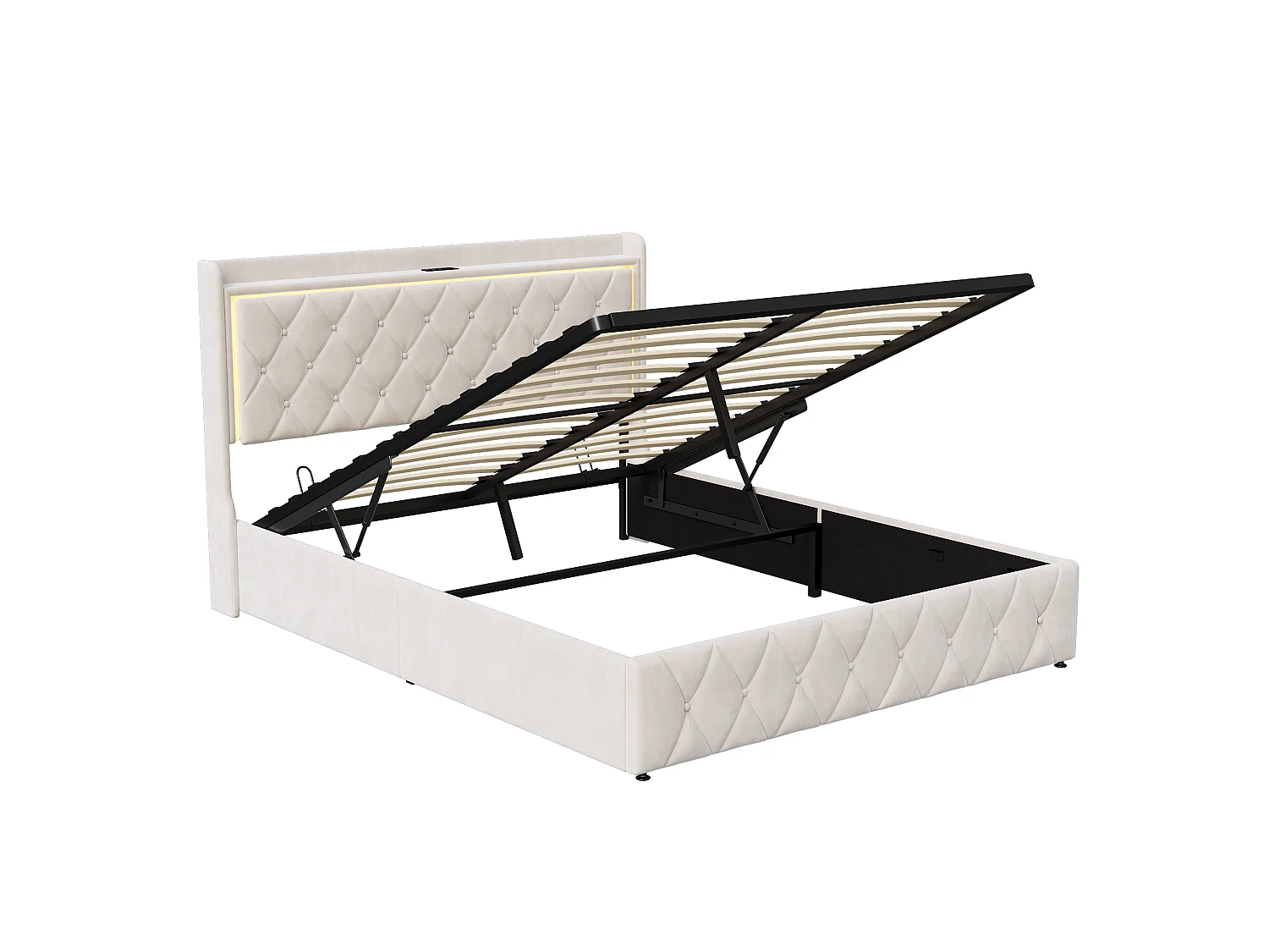 DreamMespace Lit Coffre 140x190 cm - Lit Double avec Rangement Hydraulique, LED RGB & Prises USB Type-C, Tissu Velours Beige