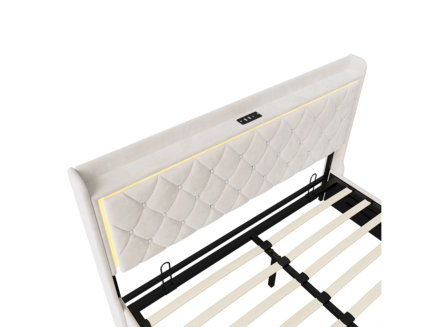 DreamMespace Lit Coffre 140x190 cm - Lit Double avec Rangement Hydraulique, LED RGB & Prises USB Type-C, Tissu Velours Beige