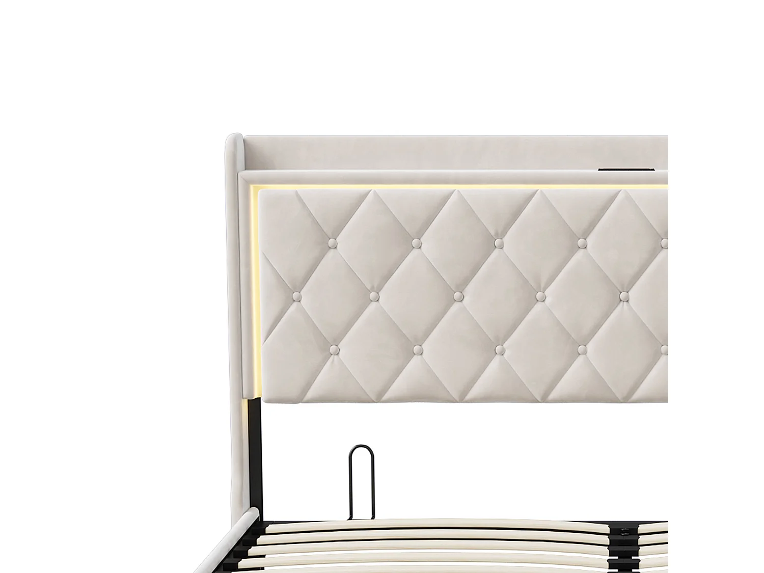 DreamMespace Lit Coffre 140x190 cm - Lit Double avec Rangement Hydraulique, LED RGB & Prises USB Type-C, Tissu Velours Beige