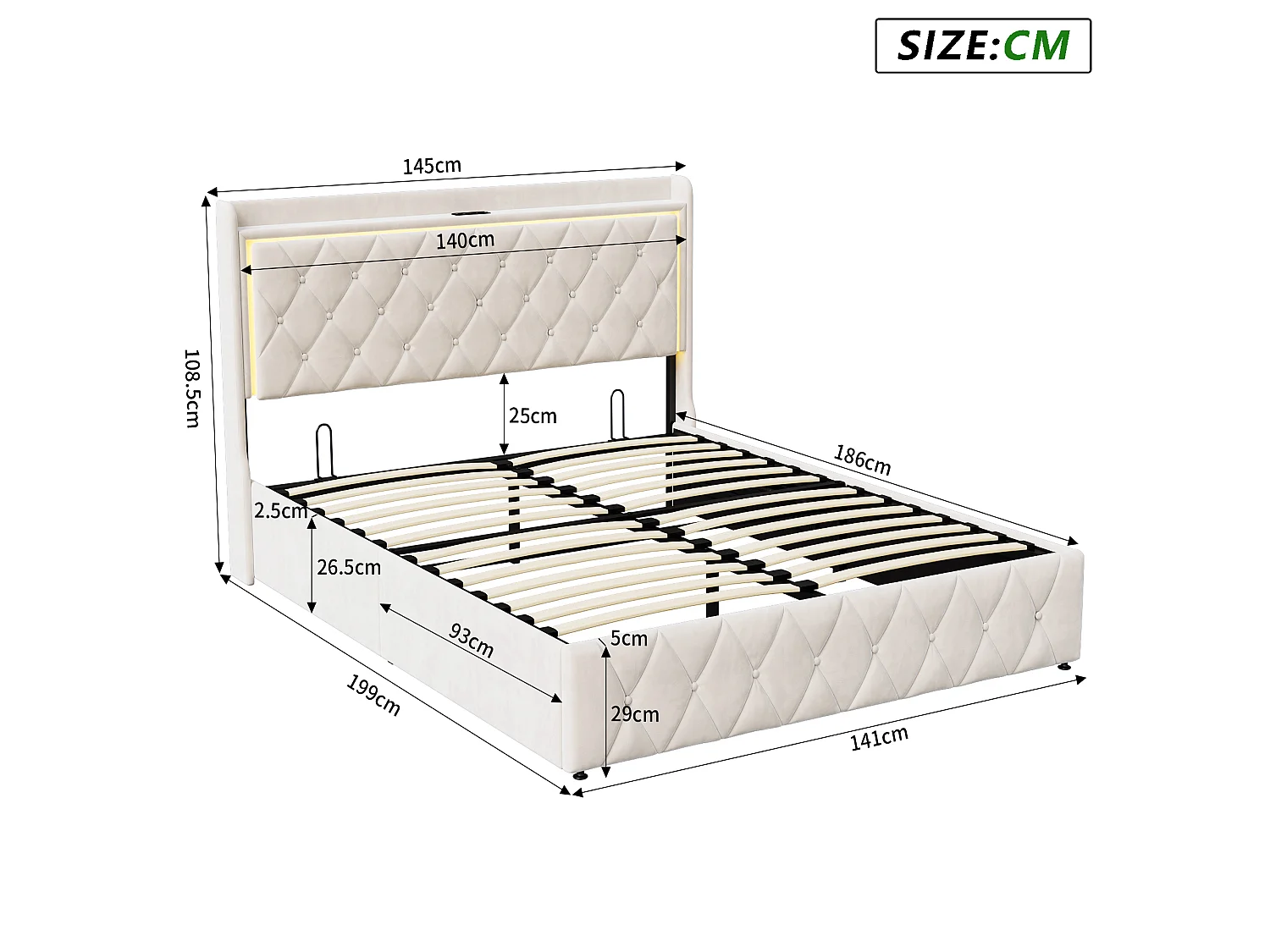 DreamMespace Lit Coffre 140x190 cm - Lit Double avec Rangement Hydraulique, LED RGB & Prises USB Type-C, Tissu Velours Beige