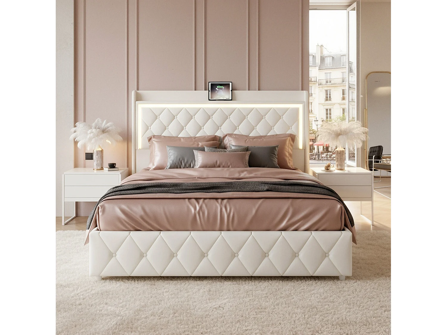 DreamMespace Lit Coffre 140x190 cm - Lit Double avec Rangement 4 Tiroirs, Prise USB Type-C & LED, Velours Beige