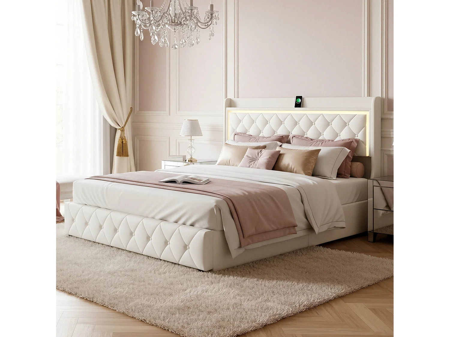 DreamMespace Lit Coffre 140x190 cm - Lit Double avec Rangement 4 Tiroirs, Prise USB Type-C & LED, Velours Beige