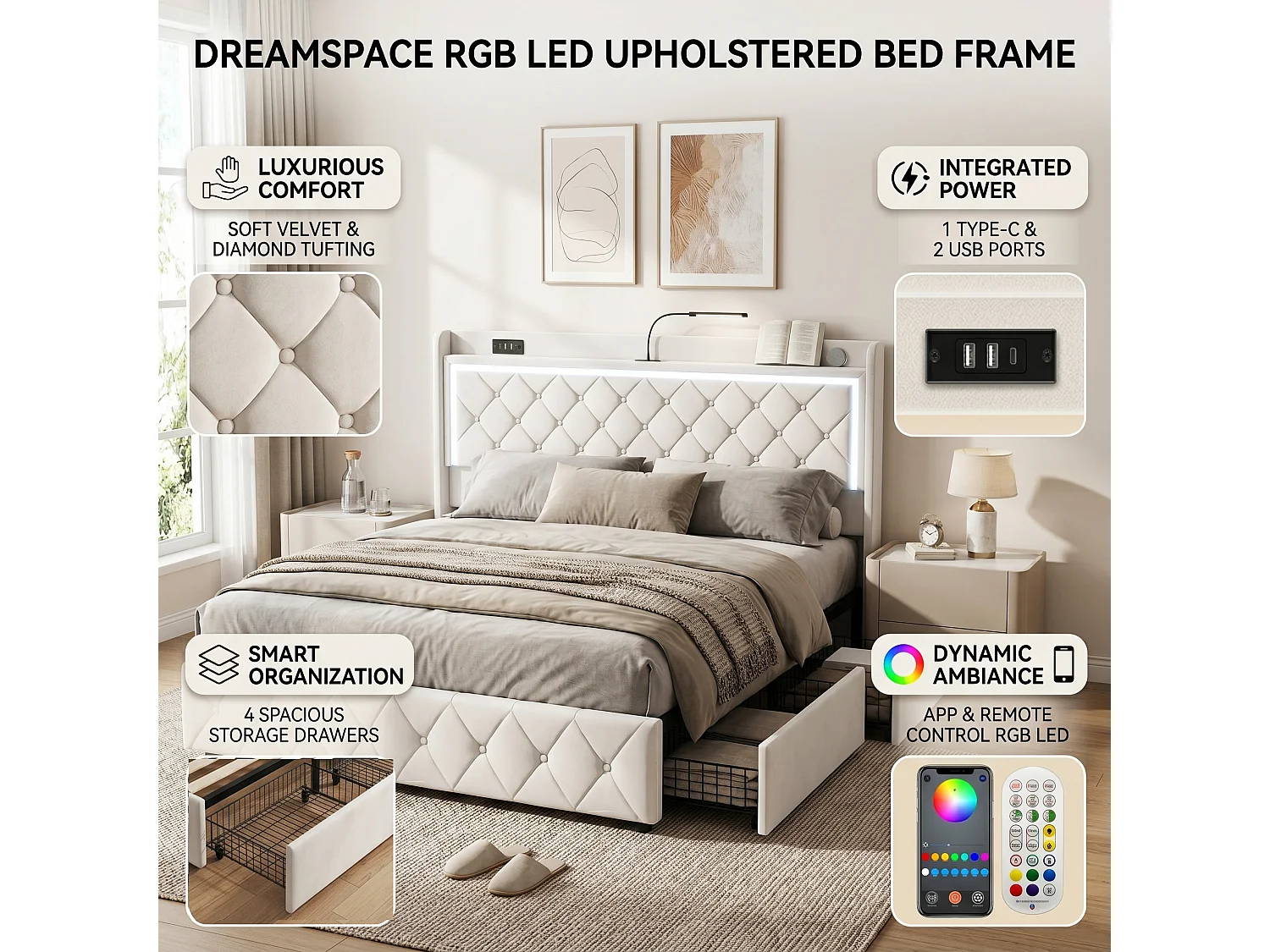 DreamMespace Lit Coffre 140x190 cm - Lit Double avec Rangement 4 Tiroirs, Prise USB Type-C & LED, Velours Beige