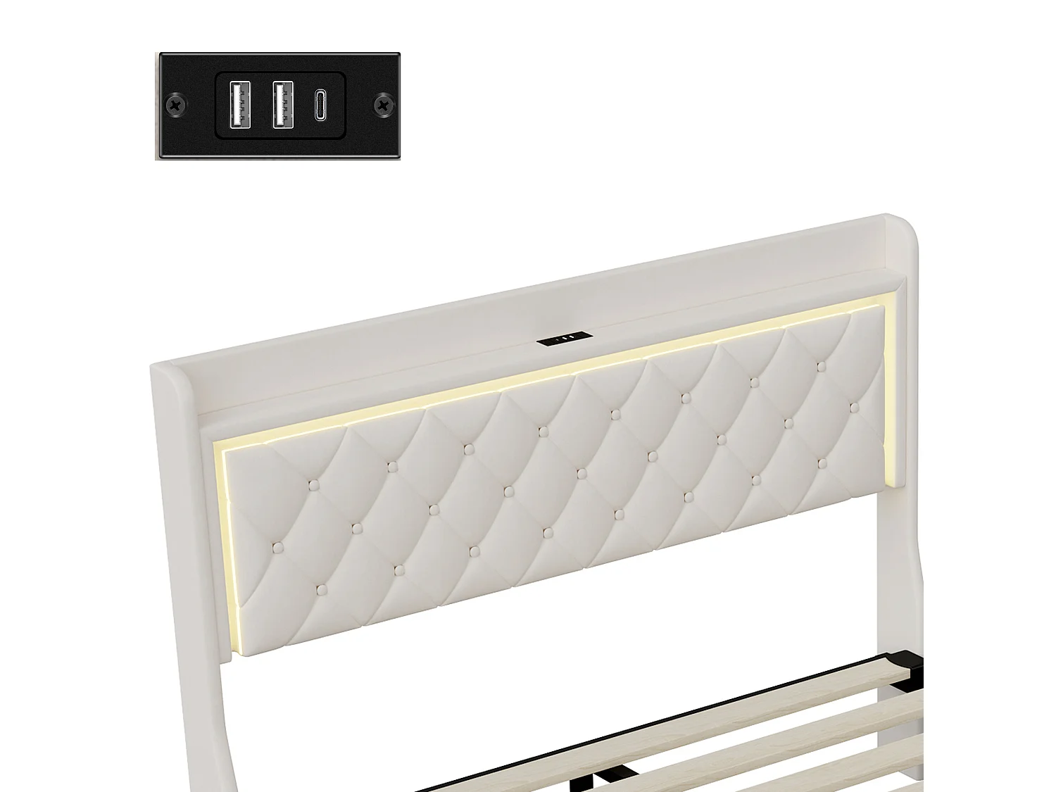 DreamMespace Lit Coffre 140x190 cm - Lit Double avec Rangement 4 Tiroirs, Prise USB Type-C & LED, Velours Beige