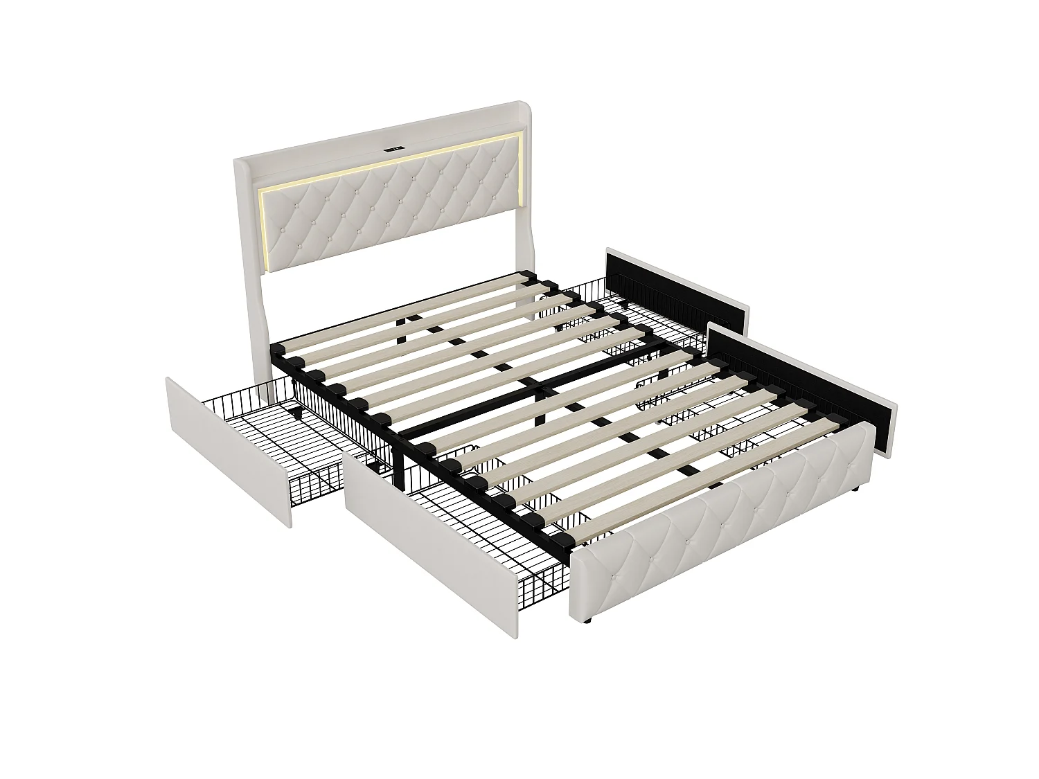 DreamMespace Lit Coffre 140x190 cm - Lit Double avec Rangement 4 Tiroirs, Prise USB Type-C & LED, Velours Beige