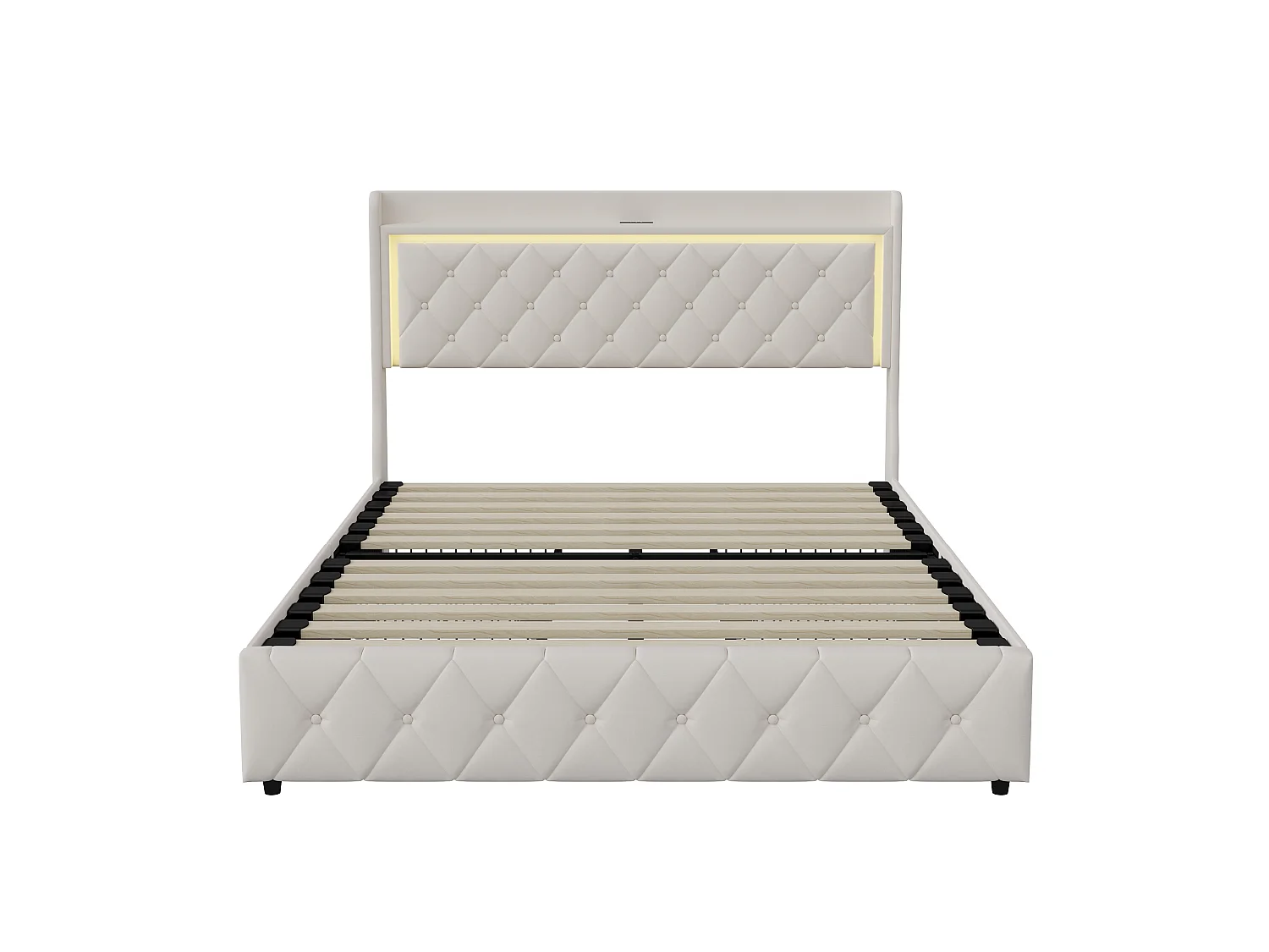 DreamMespace Lit Coffre 140x190 cm - Lit Double avec Rangement 4 Tiroirs, Prise USB Type-C & LED, Velours Beige
