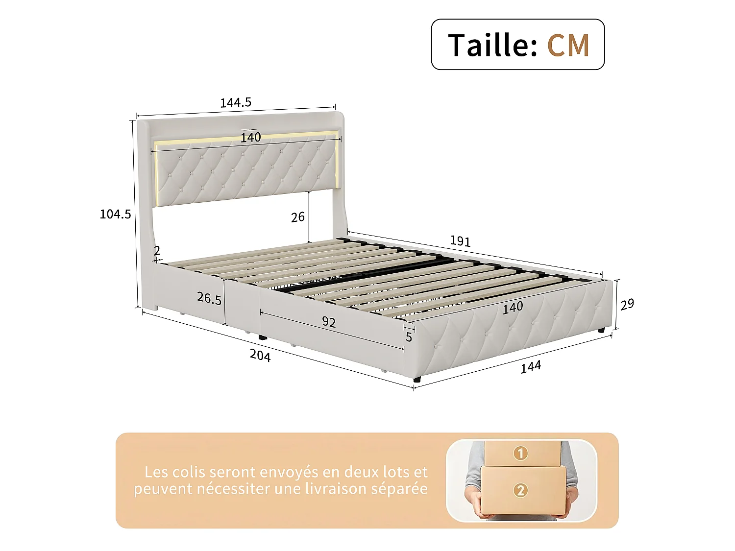 DreamMespace Lit Coffre 140x190 cm - Lit Double avec Rangement 4 Tiroirs, Prise USB Type-C & LED, Velours Beige
