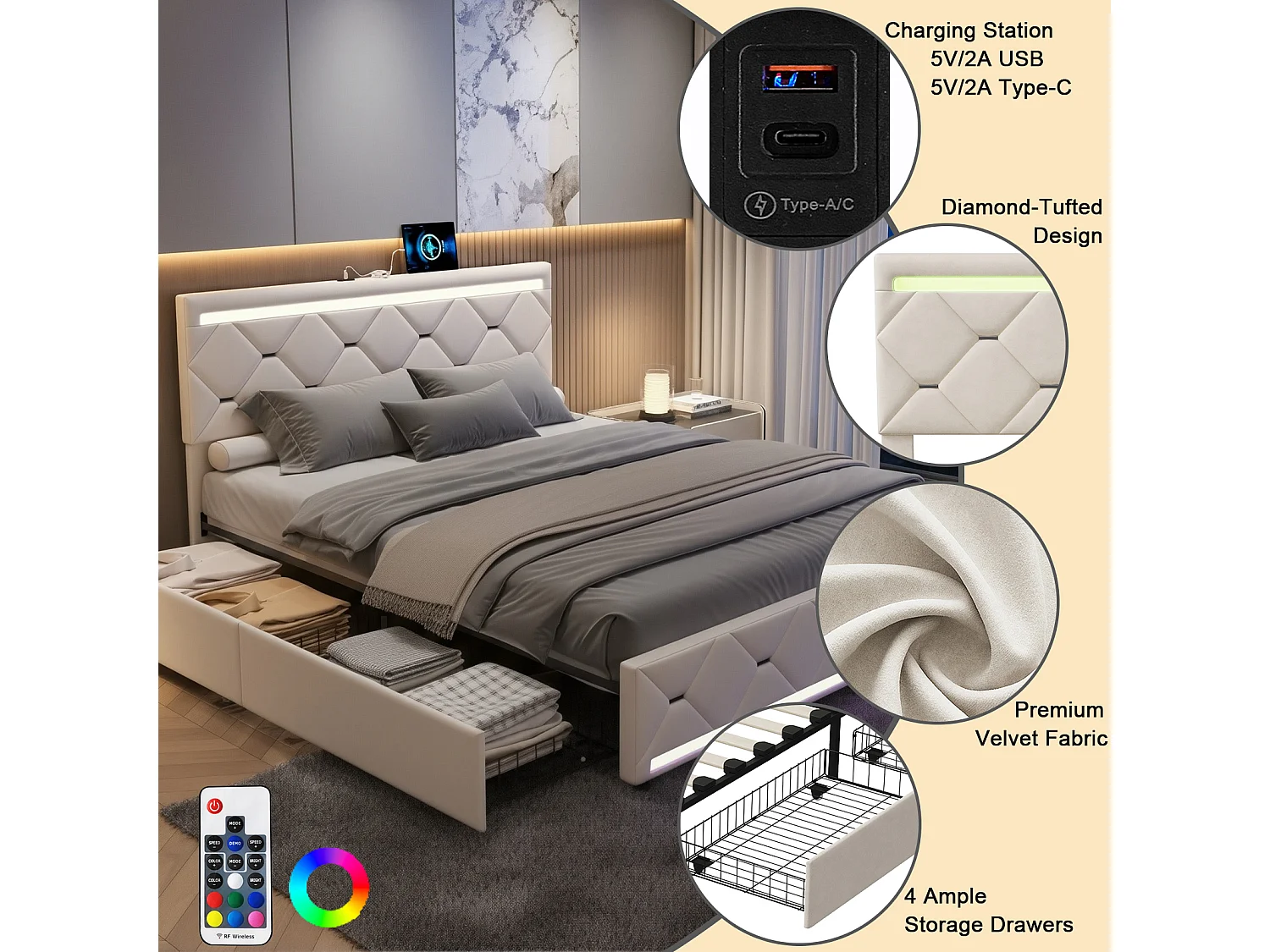 DreamMespace Lit Coffre 140x200 cm - Lit Double avec 4 Tiroirs Sommier et Tête de Lit LED USB, Velours Beige