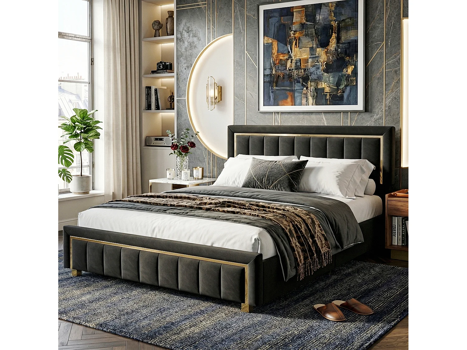 DreamMespace Lit Coffre 160x200 cm - Rangement Hydraulique Queen Size avec Sommier, Velours Noir