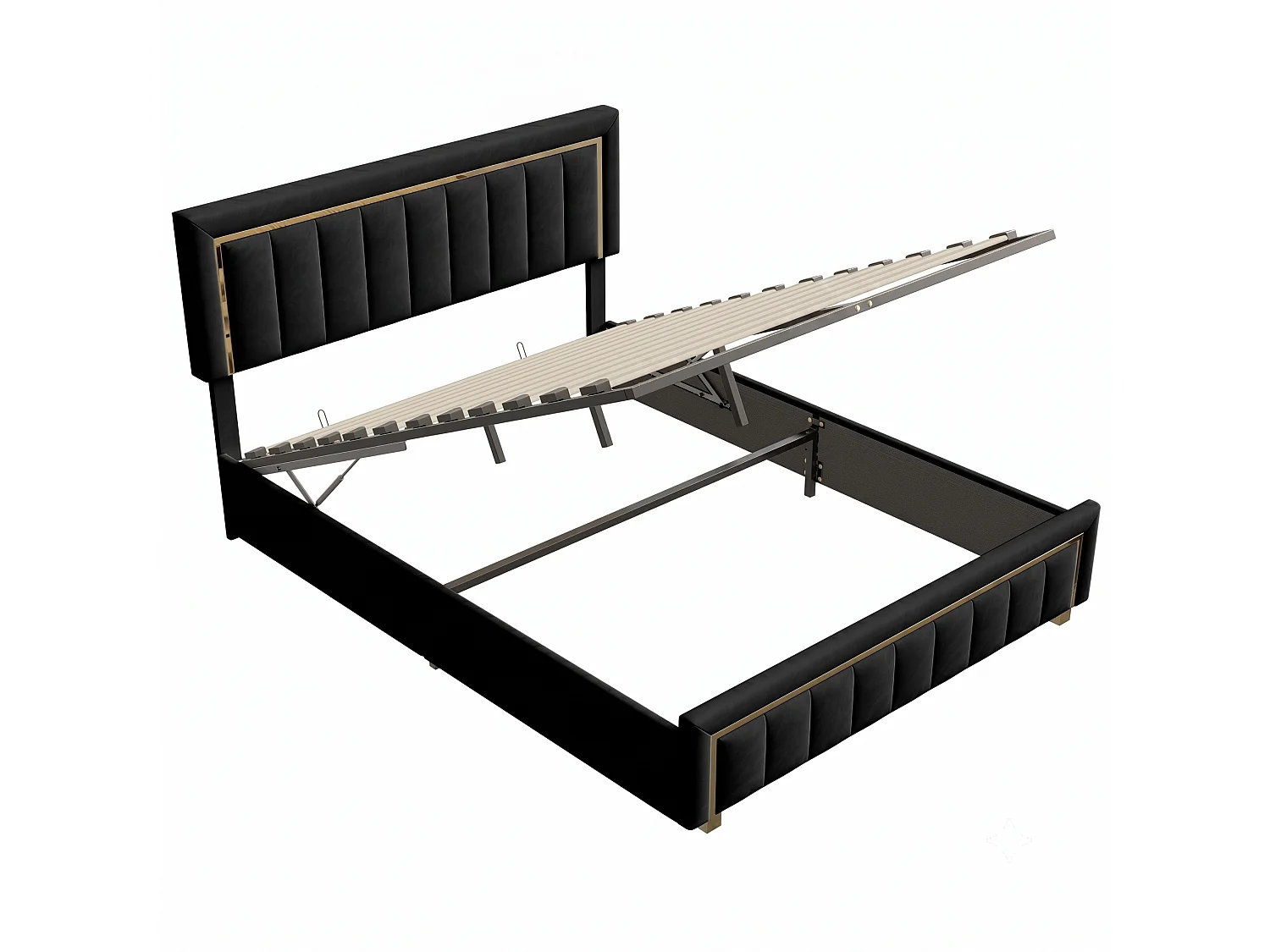 DreamMespace Lit Coffre 160x200 cm - Rangement Hydraulique Queen Size avec Sommier, Velours Noir