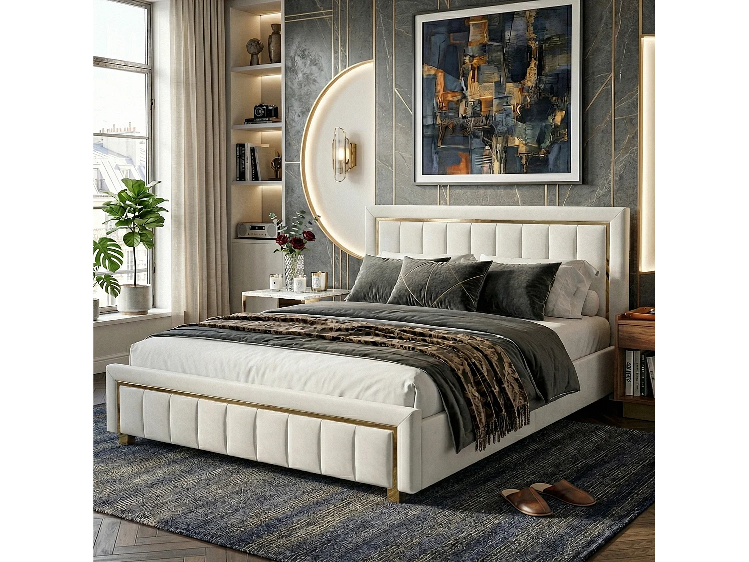 DreamMespace Lit Coffre 180x200 cm - Rangement Hydraulique King Size avec Sommier, Velours Beige