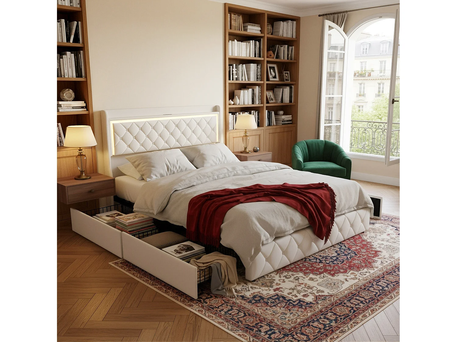 DreamMespace Lit Coffre 140x200 cm - Lit Double avec Rangement 4 Tiroirs, Prise USB Type-C & LED, Velours Beige