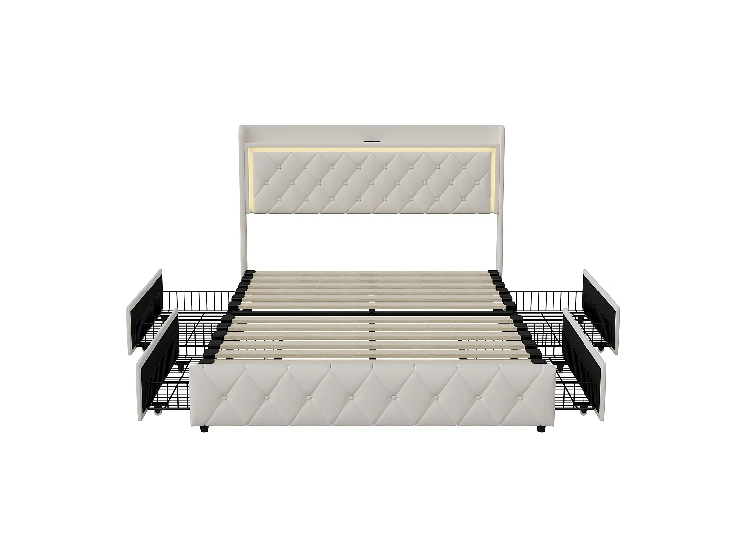 DreamMespace Lit Coffre 140x200 cm - Lit Double avec Rangement 4 Tiroirs, Prise USB Type-C & LED, Velours Beige