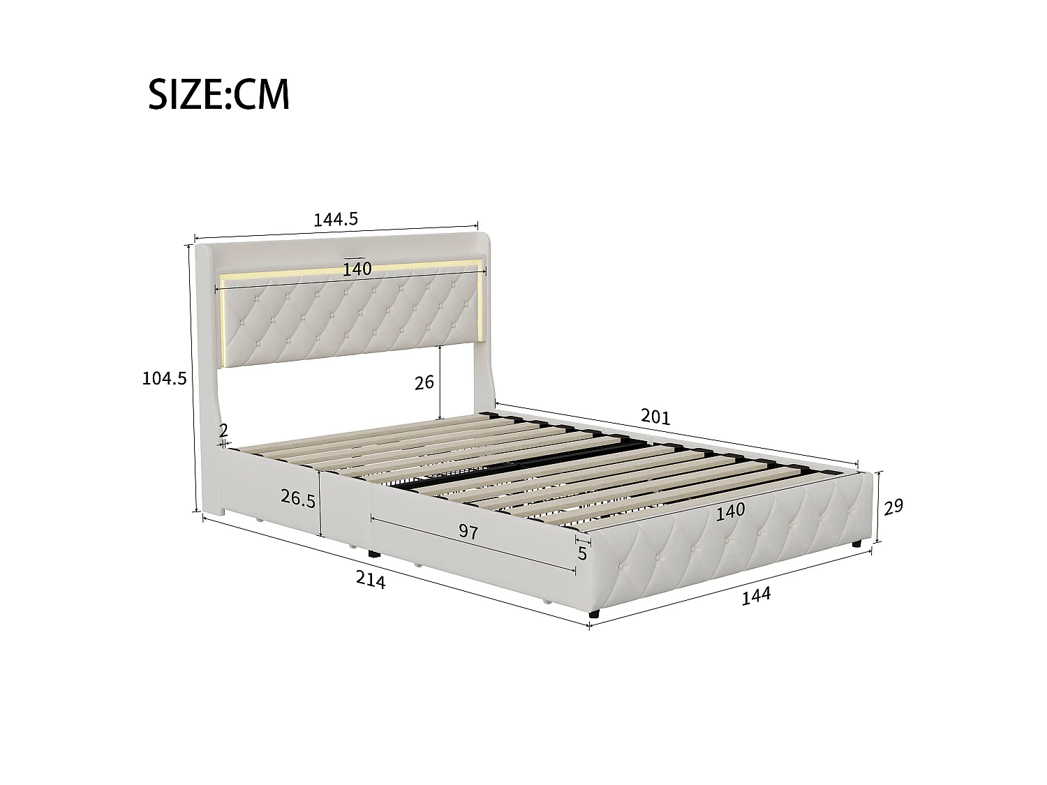 DreamMespace Lit Coffre 140x200 cm - Lit Double avec Rangement 4 Tiroirs, Prise USB Type-C & LED, Velours Beige