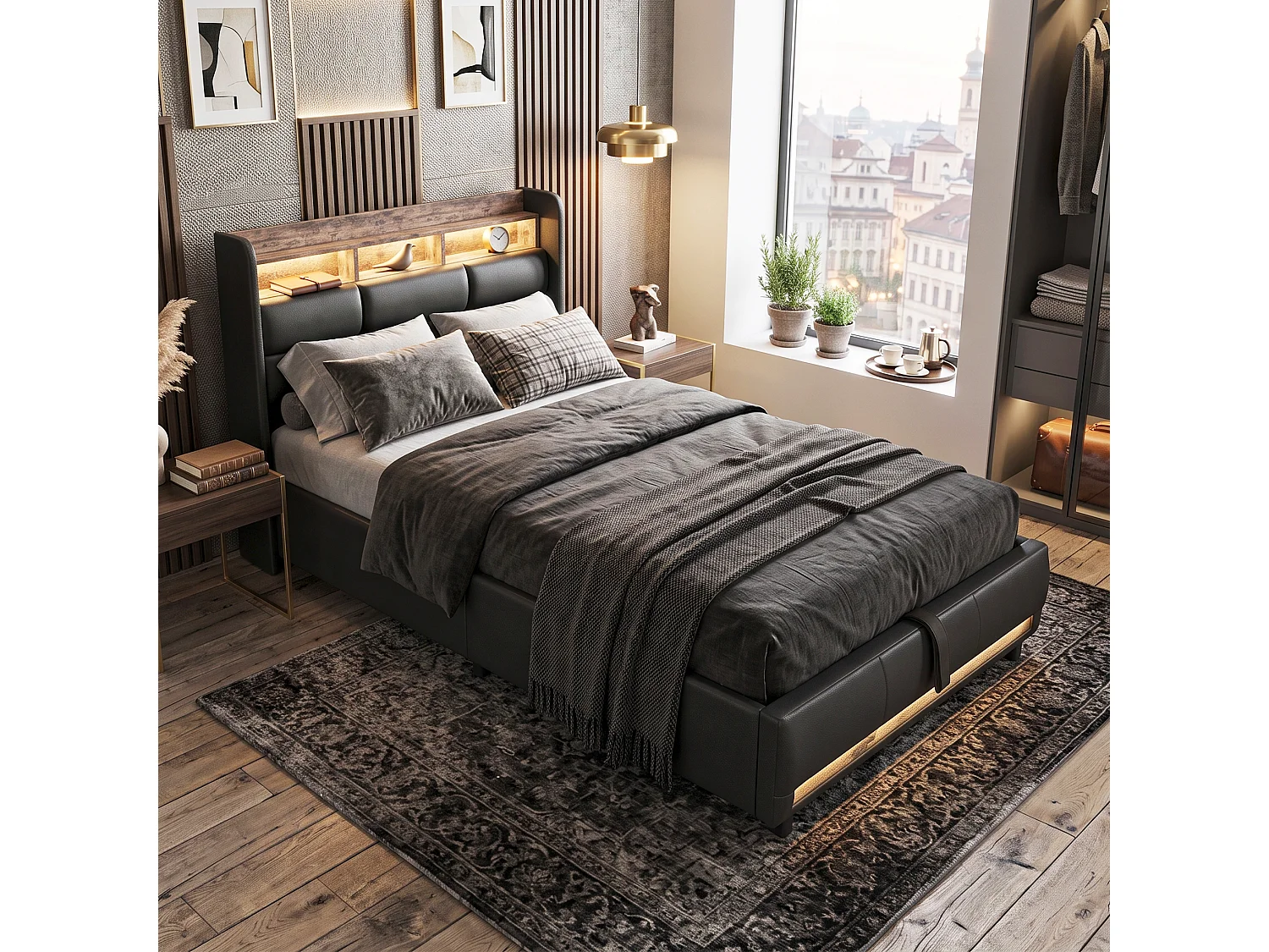 DreamMespace Lit Coffre 90x200 cm Simple - Lit Simple avec Rangements Tête de Lit, Prises USB & LED, PU Noir