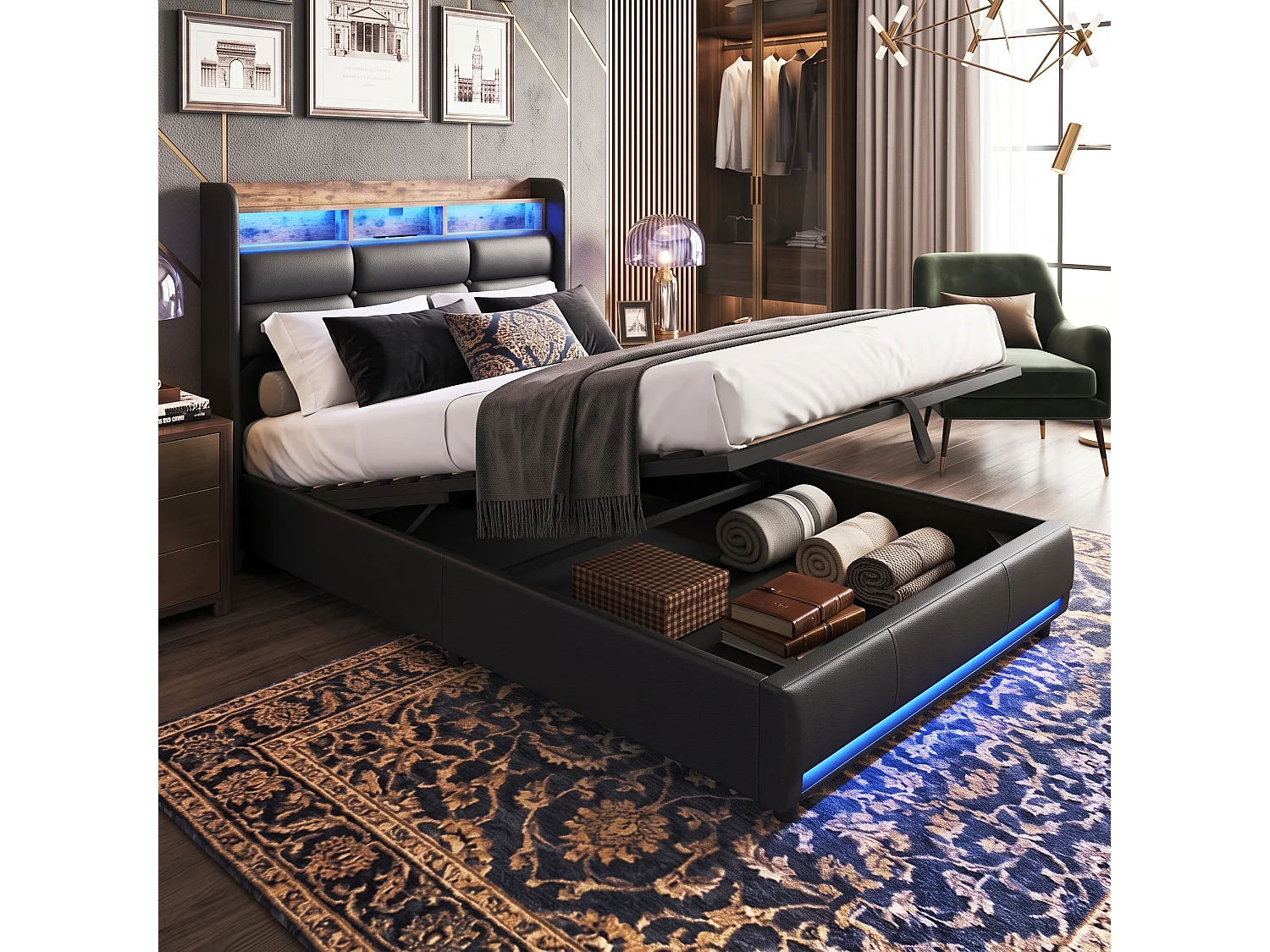 DreamMespace Lit Coffre 90x200 cm Simple - Lit Simple avec Rangements Tête de Lit, Prises USB & LED, PU Noir