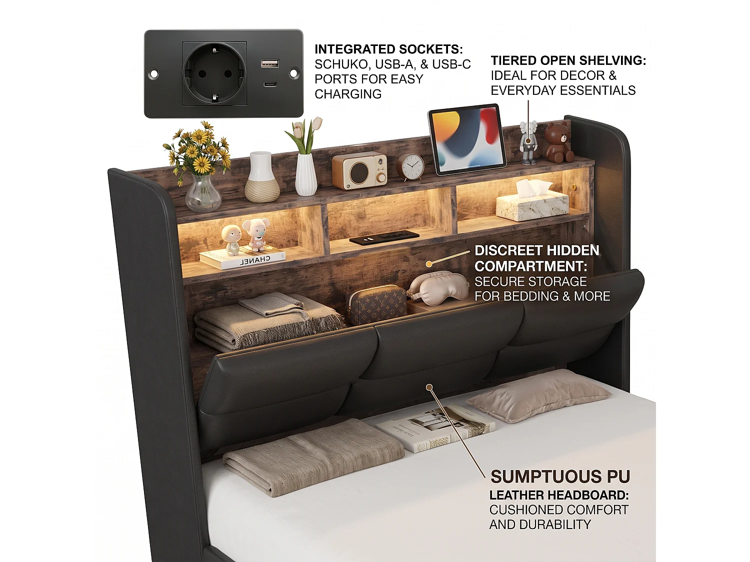 DreamMespace Lit Coffre 90x200 cm Simple - Lit Simple avec Rangements Tête de Lit, Prises USB & LED, PU Noir