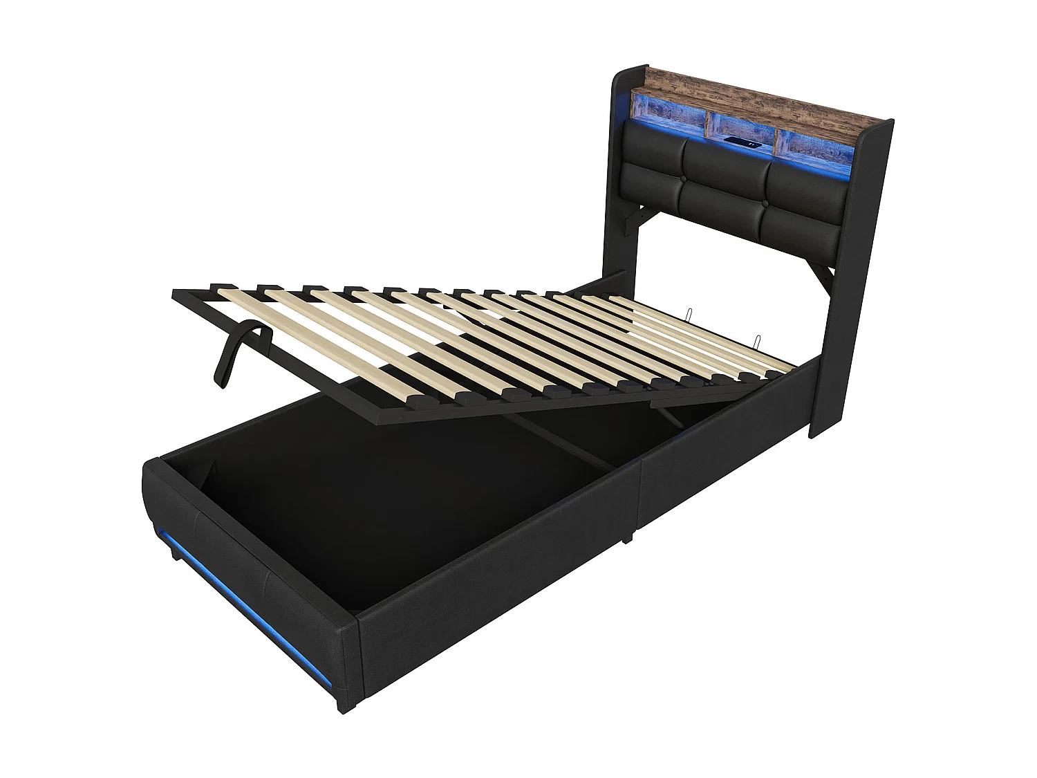 DreamMespace Lit Coffre 90x200 cm Simple - Lit Simple avec Rangements Tête de Lit, Prises USB & LED, PU Noir