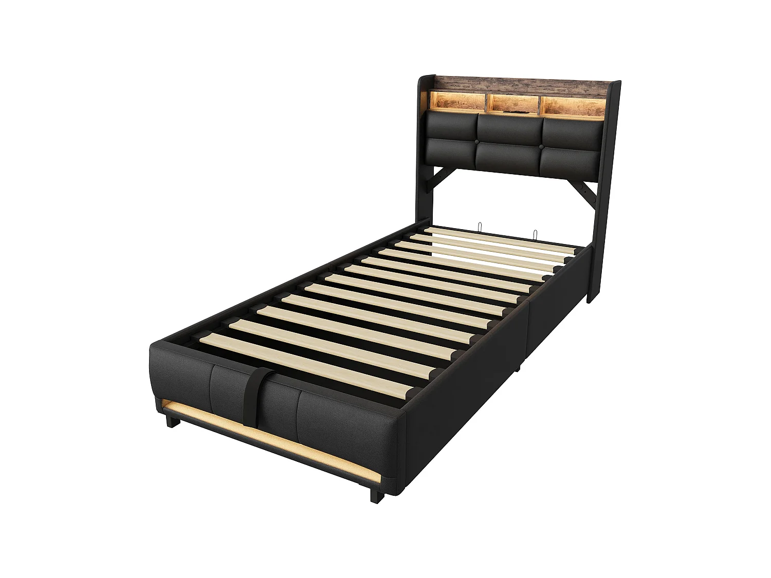 DreamMespace Lit Coffre 90x200 cm Simple - Lit Simple avec Rangements Tête de Lit, Prises USB & LED, PU Noir