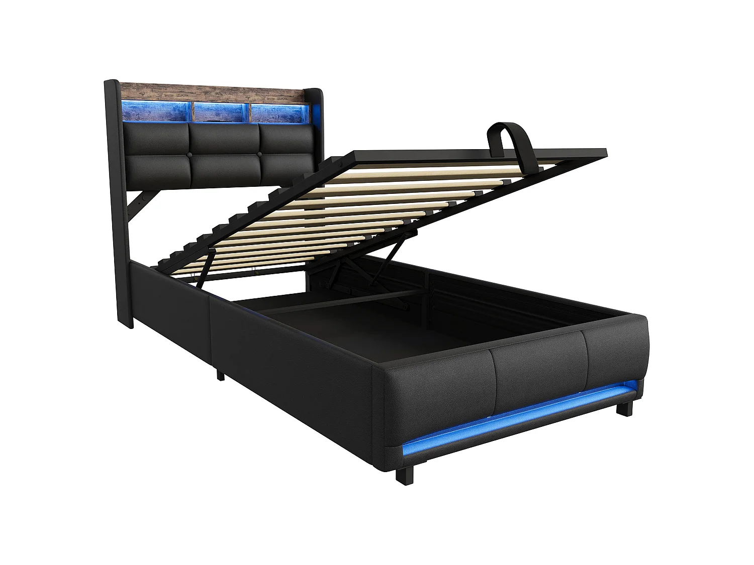 DreamMespace Lit Coffre 90x200 cm Simple - Lit Simple avec Rangements Tête de Lit, Prises USB & LED, PU Noir