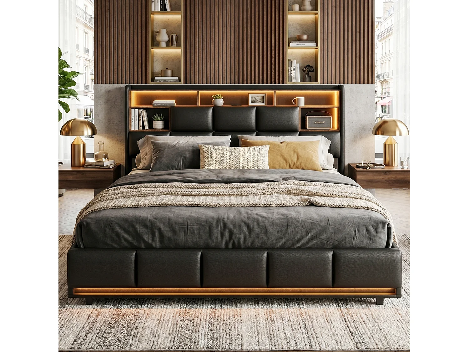 DreamMespace Lit Coffre 160x200 cm Queen Size - Lit Adulte avec Rangements Intégrés, Prises USB & LED, PU Noir