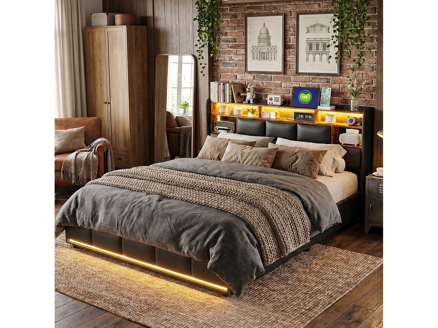DreamMespace Lit Coffre 160x200 cm Queen Size - Lit Adulte avec Rangements Intégrés, Prises USB & LED, PU Noir