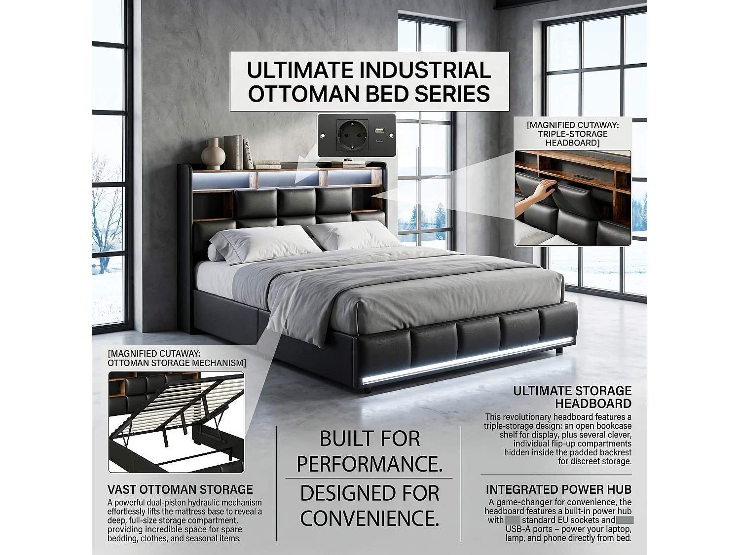 DreamMespace Lit Coffre 160x200 cm Queen Size - Lit Adulte avec Rangements Intégrés, Prises USB & LED, PU Noir