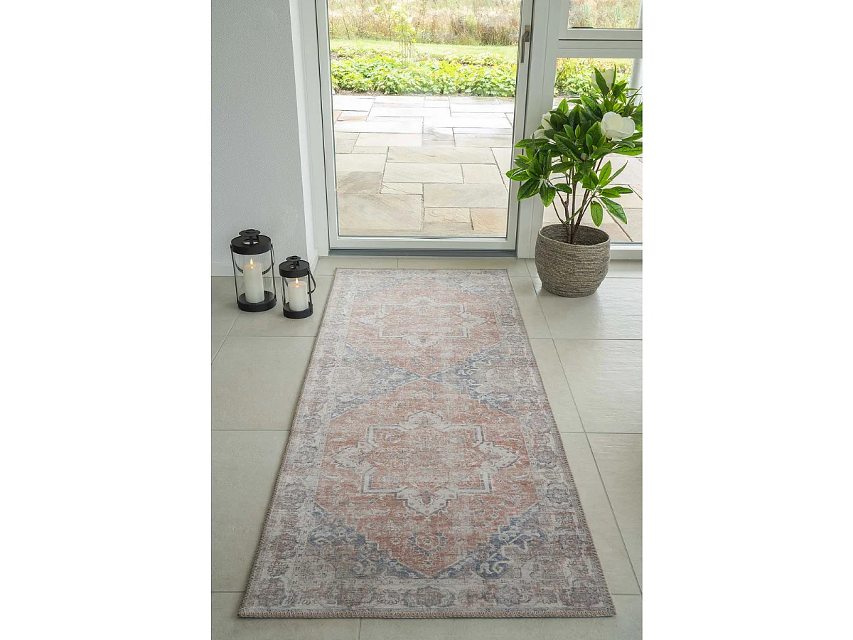 Chemin de couloir Havana orange et bleu en chenille 100% polyester 80x200 cm