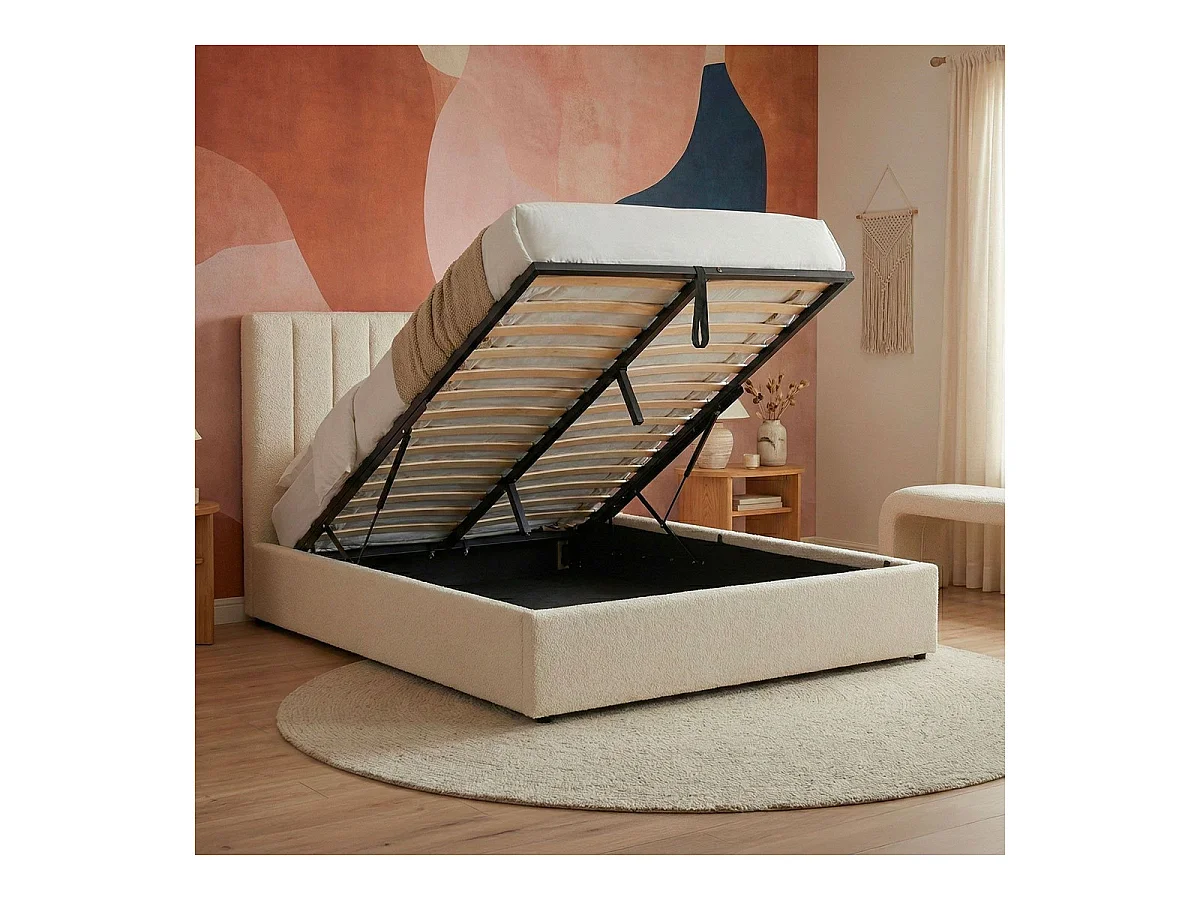 Lit Coffre Design Bouclette "Songa" 140x190cm Beige