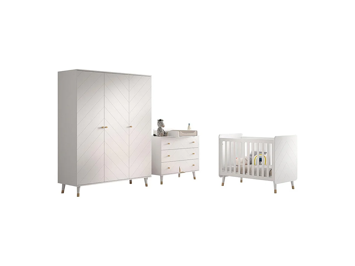 Pack - Lit Bébé, Armoire & Commode "Billy II" 60x120cm Blanc