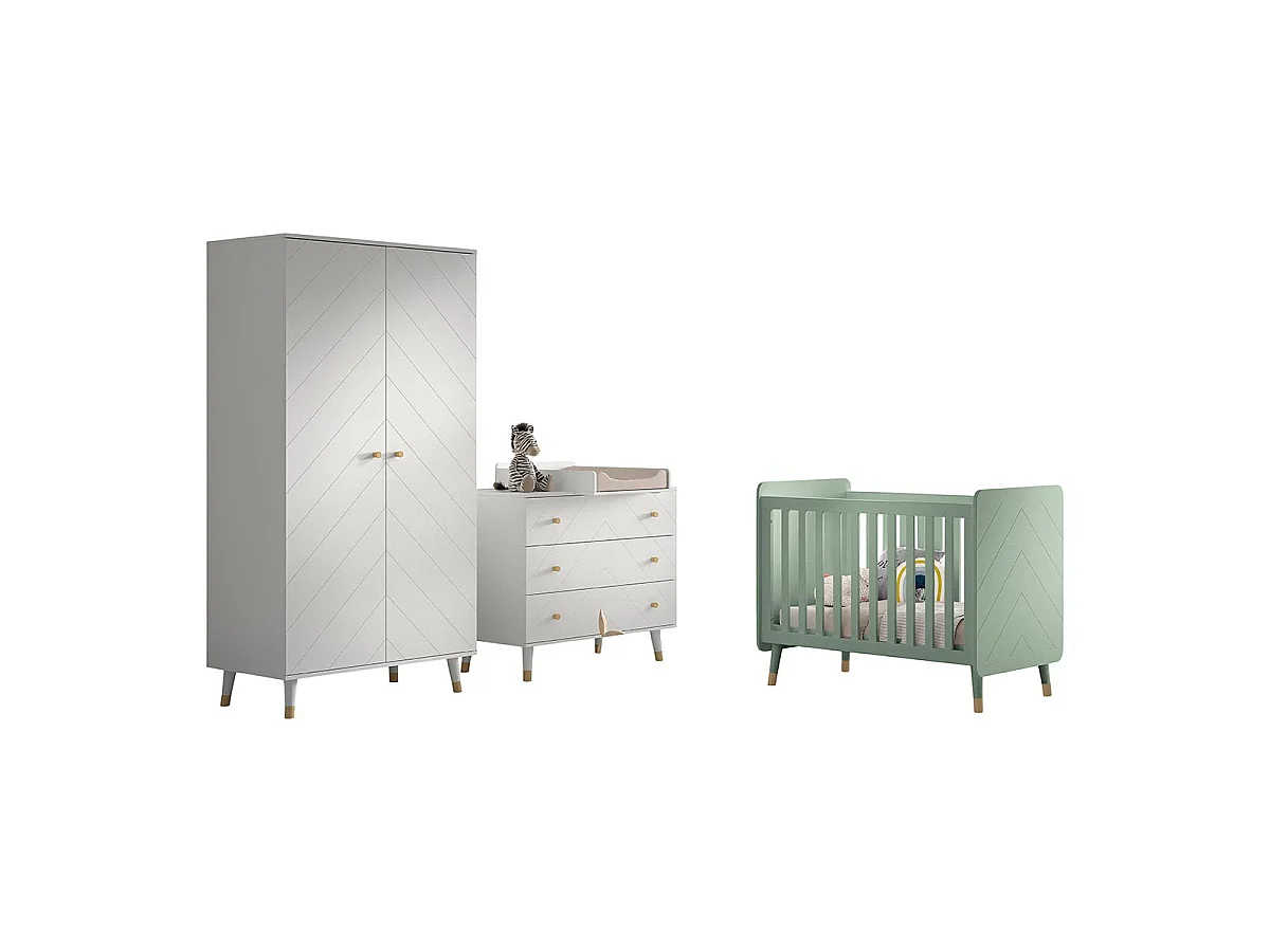 Pack - Lit Bébé, Armoire & Commode "Billy" 60x120cm Blanc & Vert