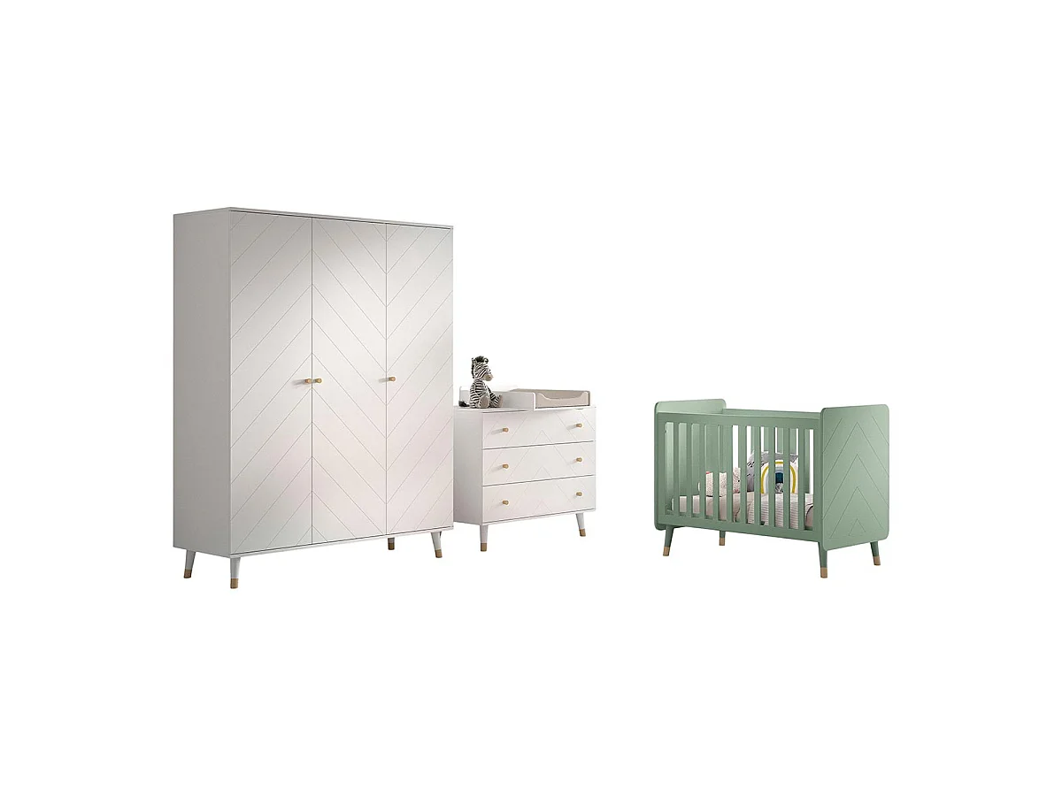 Pack - Lit Bébé, Armoire & Commode "Billy II" 60x120cm Blanc & Vert
