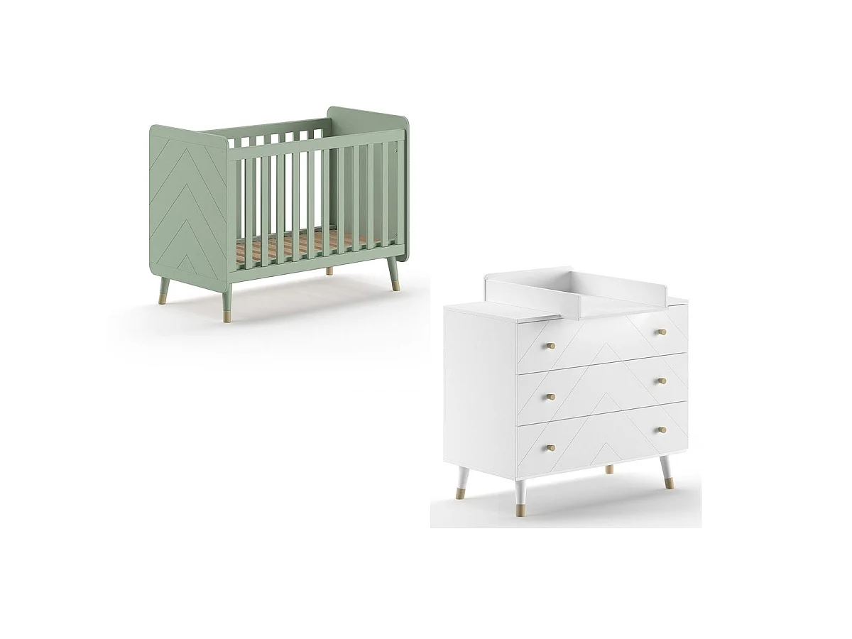 Pack - Lit Bébé, Commode & Plan à Langer "Billy" 60x120cm Blanc & Vert