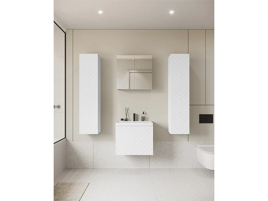 Armoire murale de salle de bain avec tiroirs et lavabo NANDO, MDF blanc à motif en chevrons