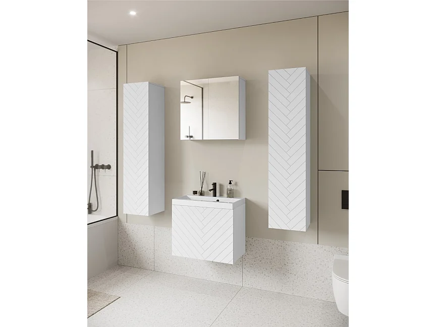 Armoire murale de salle de bain avec tiroirs et lavabo NANDO, MDF blanc à motif en chevrons