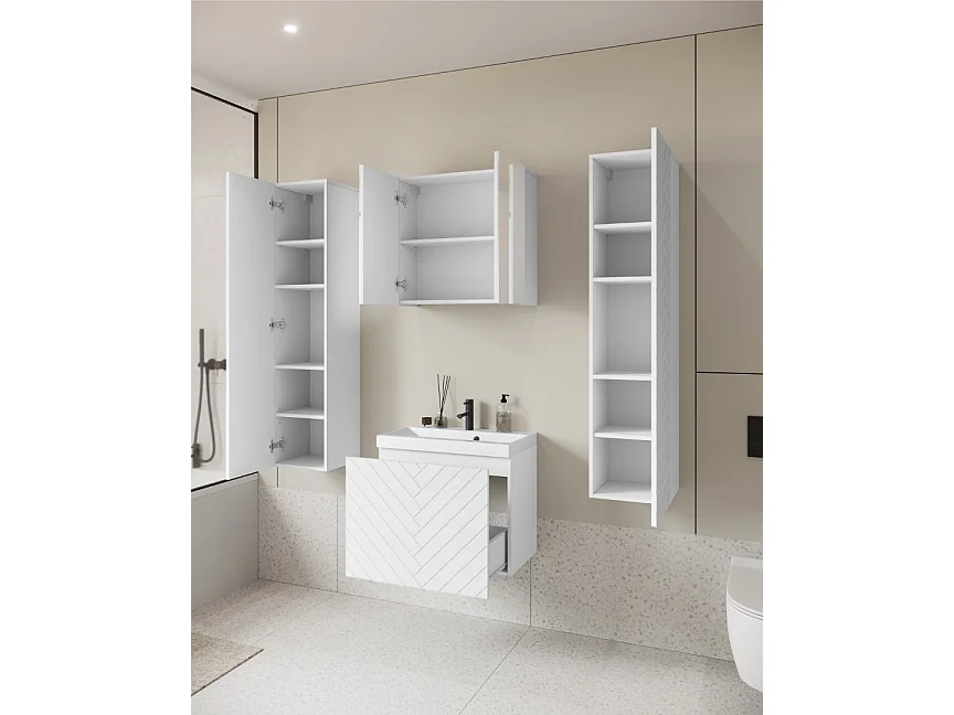 Armoire murale de salle de bain avec tiroirs et lavabo NANDO, MDF blanc à motif en chevrons