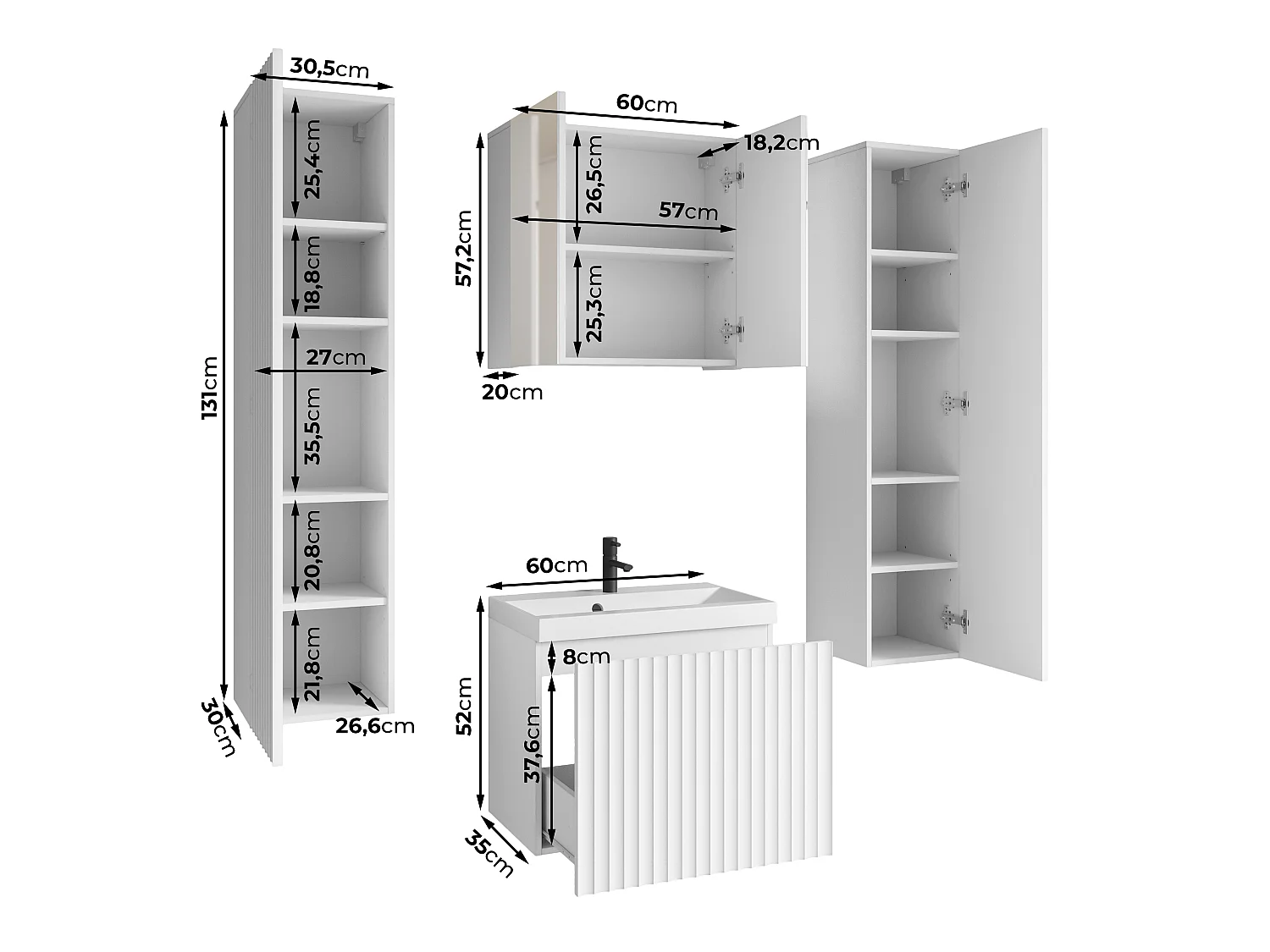 Armoire murale de salle de bain avec tiroirs et lavabo NANDO, MDF blanc à motif en chevrons