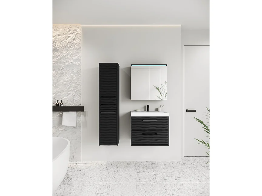 Armoire murale de salle de bain avec tiroirs et lavabo YUKO, couleur : noir avec motif ondulé