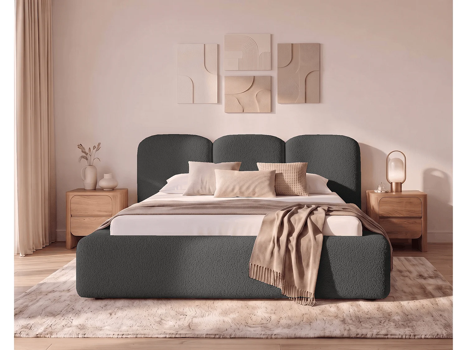 BESILIO Bouclé gestoffeerd bed Santiago 160x200 met opbergruimte en metalen lattenbodem, dikke zijkanten - Grijs